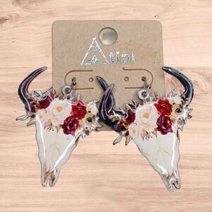 NWT Steer Skull Boho-Chic Longhorn Floral Western Earrings